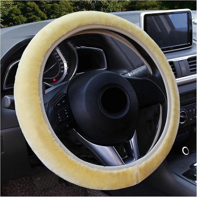 Augeny Fuzzy Car Steering Wheel Cover, Anti-Slip Soft Plush Steering Wheel Protector, 15 Inch Elastic Wheel Covers, Universal Vehicle Interior Winter Warm Accessories for Men Women (Beige)
