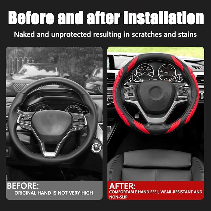 15 Inch Car Leather Steering Wheel Cover, Automotive Accessories Elastic Breathable Anti-Slip Soft Wheel Protector Fits Men and Women, Suitable for SUVs, Trucks, Vehicles and RVs (Red)