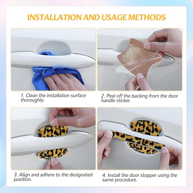 10PCS Bling Car Door Handle Protectors, 4 Door Bowl Stickers + 6 Handle Strips, Crystal Rhinestone Anti-Scratch Car Accessories, Sparkling Auto Decor, Universal for SUV Sedan Truck (Leopard Print)