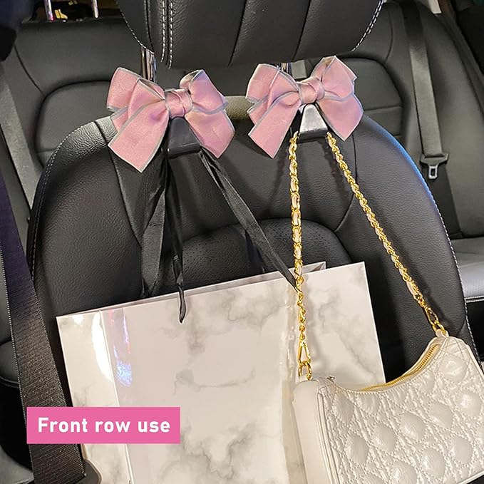 2 PCS Car Seat Headrest Hook, Cute Bow Knot Auto Seatback Hanger Storage Organizer, Vehicle Back Seat Hanging Hooks for Purse Coat Umbrella, Interior Decor Car Accessories (Pink)