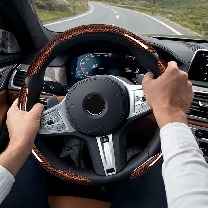 LevChall 3-Piece Carbon Fiber Steering Wheel Cover, Anti-Slip & Segmented Thin Design for Comfort Grip, Universal Fit 99% Cars SUV Truck,Brown