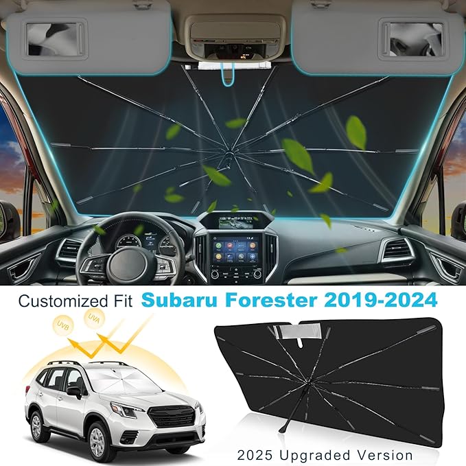 2025 Upgrade Windshield Sun Shade Umbrella Custom Fit for Subaru Forester 2019-2024 2025 2026 Foldable UV Protection Car Cover, Emergency Rain Shield & Dashboard Protector - Durable Auto Accessory
