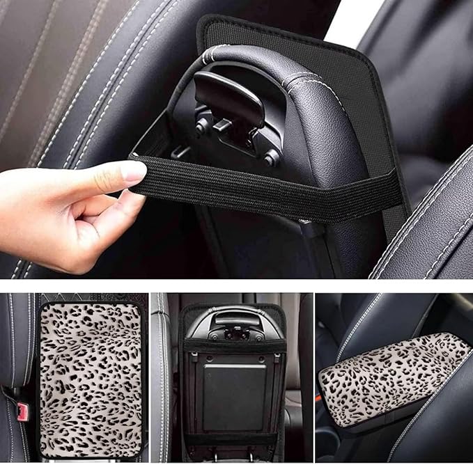 Beige Leopard Print Center Console Cover,Universal Arm Rest Cover for Car,Washable and Lightweight