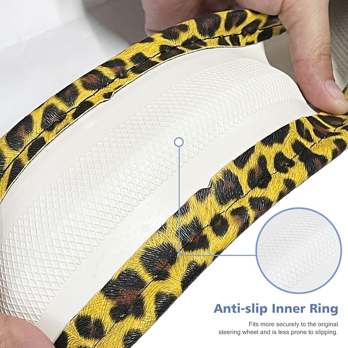 ZHOL Leopard-Cheetah Print Steering Wheel Cover,Made of PU Leather and Leopard Print Fabric,Non-Slip and Breathable Design,Suitable for Both Men and Women,Universal 14.5-15 inches (Black&Yellow)