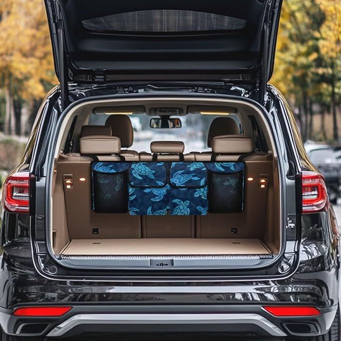 Car Trunk Hanging Organizer, Blue Turtle Thick Backseat Storage Bag with 2 Pockets, 2 Mesh Pockets and 3 Adjustable Shoulder Straps, Foldable Interior Accessories