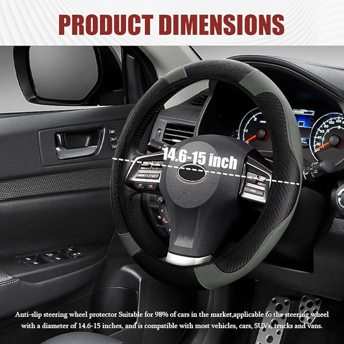 Car Steering Wheel Cover, Steering Wheel Protector, Universal 14.5-15 Inch Microfiber Leather Breathable Auto Steering Wheel Covers, Carbon Fiber Steering Wheel Cover for Women Men (Gray)
