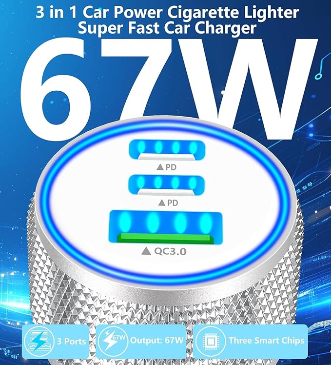 USB C Car Charger for iPhone 17, BAOYUANDA 67W 3-Port USB-C & USB-A Fast Car Charger Cigarette Lighter with 2Pack 3FT USB C to C Cable Fast Charging for iPhone 17/Air/16 Plus/16 Pro/16 Pro Max, iPad