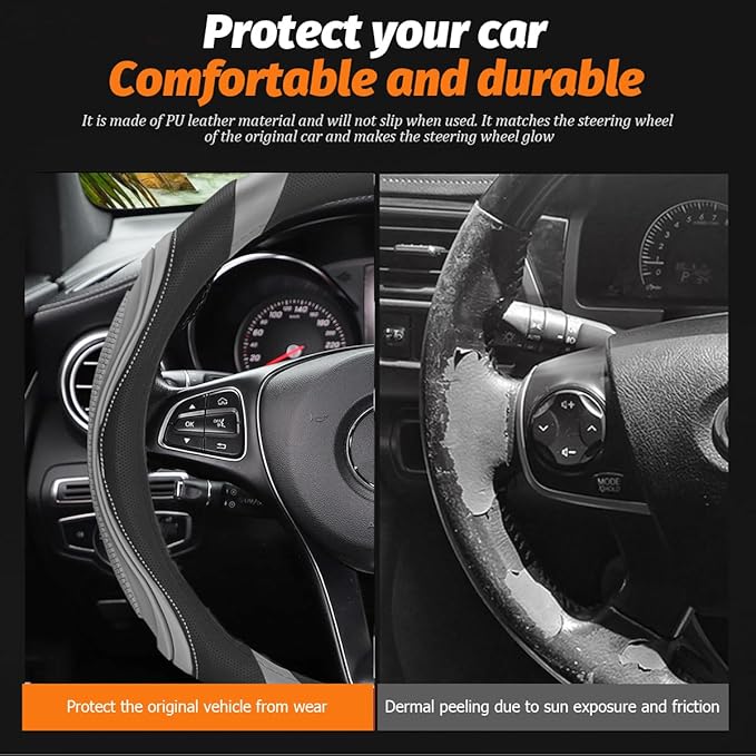 15 Inch Car Leather Steering Wheel Cover, Automotive Accessories Elastic Breathable Anti-Slip Soft Wheel Protector Fits Men and Women, Suitable for SUVs, Trucks, Vehicles and RVs (Light Gray)