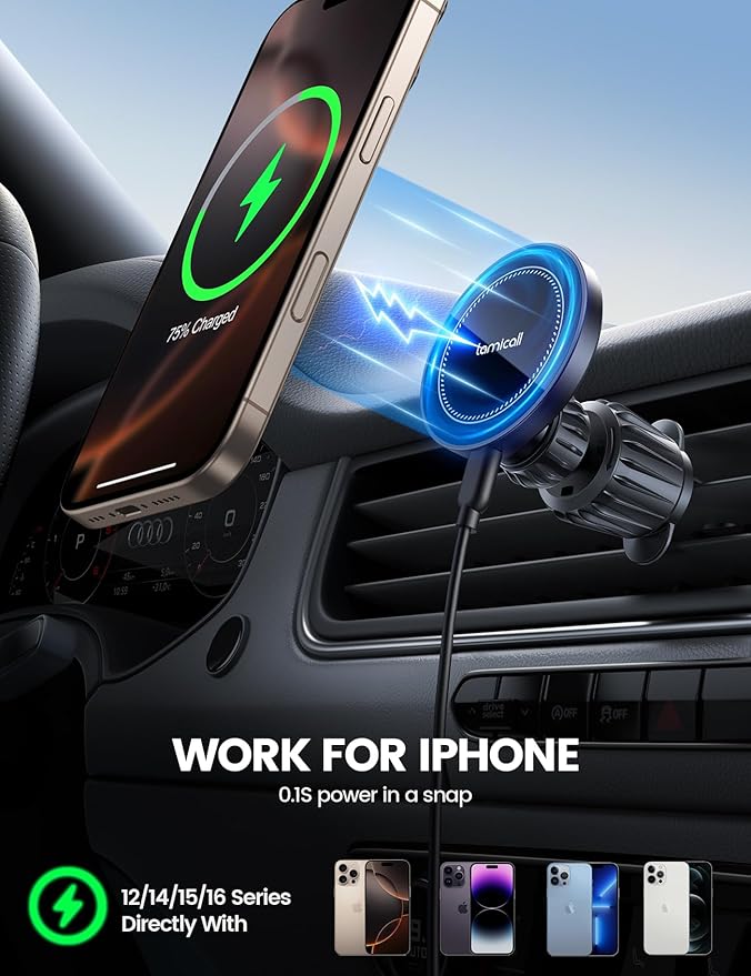 Lamicall 15W for MagSafe Car Mount Charger - [20X Strong Magnets] Wireless Car Phone Holder Charger, Magnetic Phone Holders for Car Vent Dash Gift Accessories for Women Men for iPhone 17 Pro Max Black