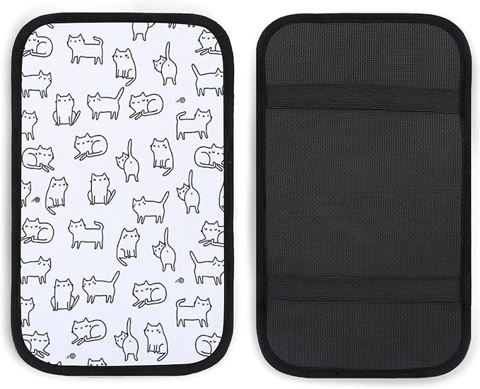 Black White Cat Car Center Console Cushion Pad,Waterproof Armrest Seat Box Cover Protector,Comfortable Car Decor Accessories Fit for Most Cars, Vehicles, SUVs