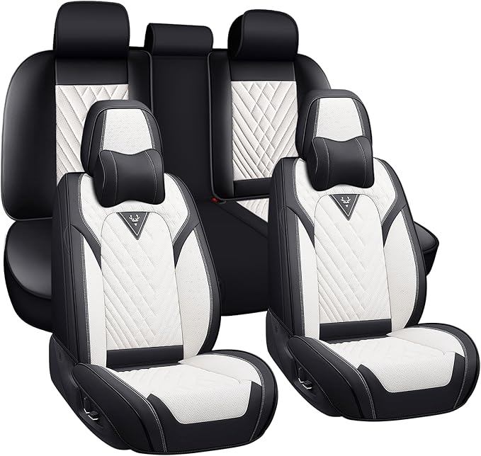 BYXN Car Seat Covers for Jeep Wrangler 2000-2026,Breathable Nappa Leather Car Seat Protector,Full Seat Cover with Pillow Automotive Seat Cushion with Airbag Compatible(5 Seats,Black-White)
