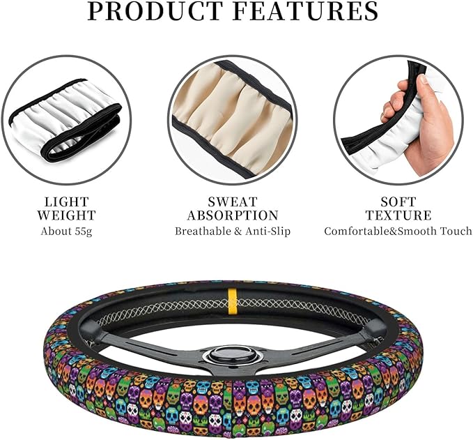 Candy Skull Pattern Universal Fit Steering Wheel Cover for Car, Truck, and SUV, Durable Steering Wheel Protection