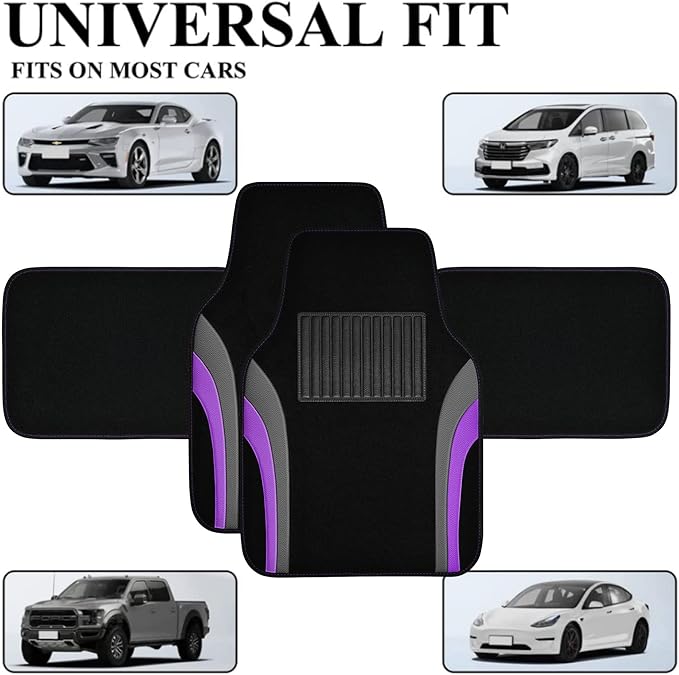 CAR PASS Leather Sporty Car Floor Mats Carpet,Universal Waterproof Automotive Floor Mat Fit for Sedans, Cars, Mid Trucks, Vans, SUV, Set of 4 (Black and Purple)