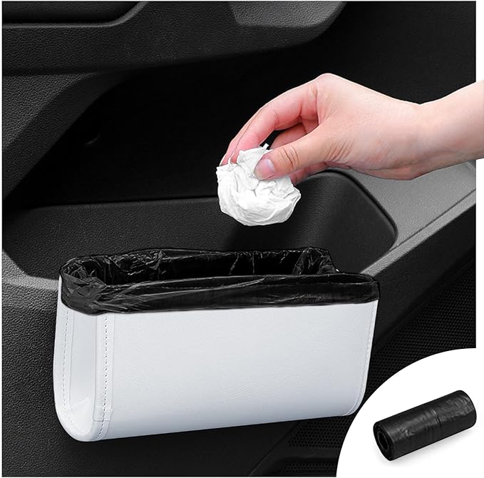 Car Trash Can, Universal Leather Foldable Leakproof Garbage Bins Car Door Organizer Holder (White)