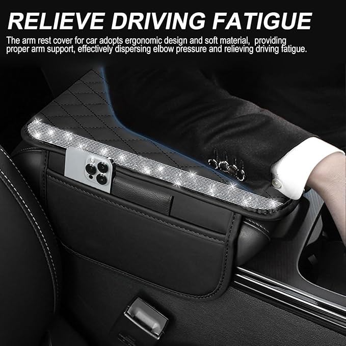 NBTEPEM Bling Car Center Console Cover, Leather Car Arm Rest Cover Cushion with 2 Storage Bags, Universal Auto Armrest Protector Storage Box, Bling Accessories Interior for Most Vehicles (Silver)