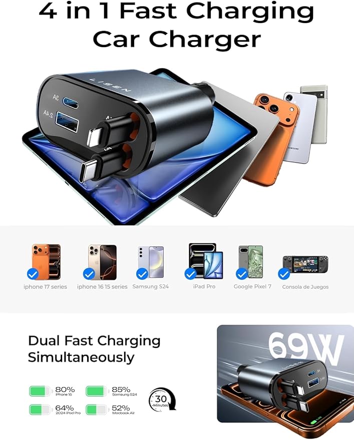 LISEN Retractable Car Charger, 69W Cars Adapter USBC Fast Charger for iPhone 17 16 Pro Max, Car Accessories for Valentines Day Gifts for him Her Birthday Gifts for Men Women 2026 Tech Gadgets for Men
