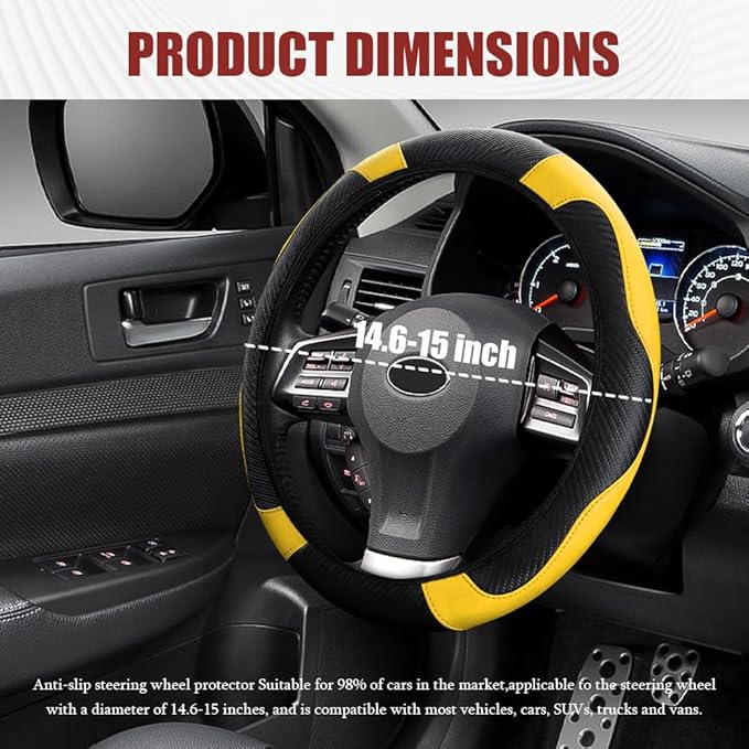 Car Steering Wheel Cover, Steering Wheel Protector, Universal 14.5-15 Inch Microfiber Leather Breathable Auto Steering Wheel Covers, Carbon Fiber Steering Wheel Cover for Women Men (Yellow)
