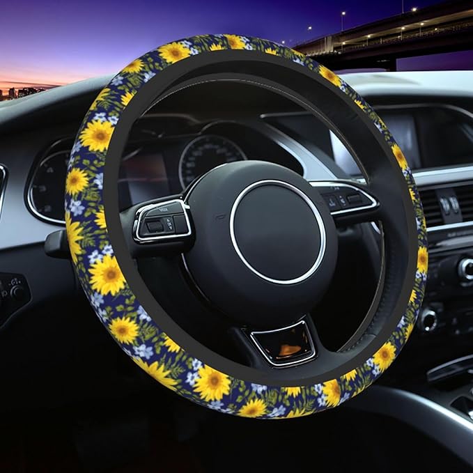 Sunflower Steering Wheel Cover with 2 Car Coasters Non Slip Neoprene for Women Men Universal 15 Inch
