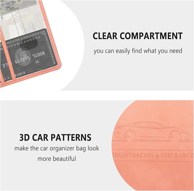 Car Registration and Insurance Holder,PU Leather Car Glove Box Organizer Car Document Holder for ID,Driver's License,Universal Car Organizer Car Accessories for Women/Men (Pink)