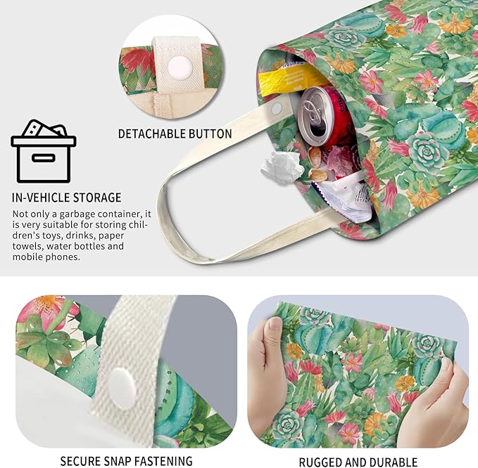 AXZOPDE Cute Car Trash Can, Hanging Canvas Car Back Seat Organizer and Storage Bag, Funny Car Trash Bag for Travelling, Outdoor Cute Green Cactus Flowers