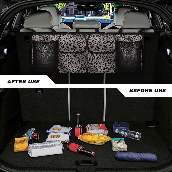Car Trunk Hanging Organizer, Thick Backseat Storage Bag with 2 Pockets, 2 Mesh Pockets and 3 Adjustable Shoulder Straps, Foldable Interior Accessories Releases Trunk Space,Leopard