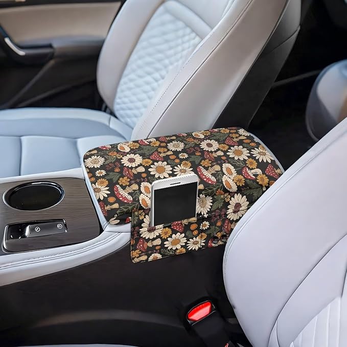 Tupalatus Mushroom Car Armrest Cover with 2 Storage Bags Flowers Universal Center Console Pad Washable Armrest Seat Box Cover Easy Installation Universal Fit for Cars,Trucks & SUVs