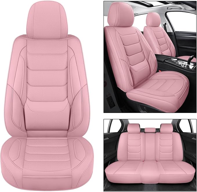 SCOMEE Pink Leather Car Seat Covers Full Set Breathable Seat Protectors Waterproof Automotive Seat Covers Universal Fit for Most Cars SUVs Trucks Vehicles