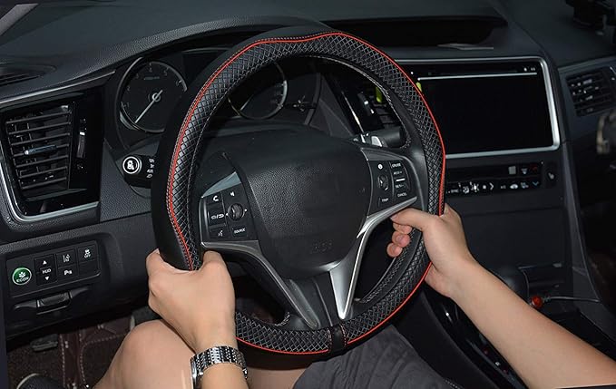 Microfiber Leather Car Steering Wheel Cover, Soft Padding, Durable, No Smell, Universal 15 Inch Steering Cover, Anti-Slip Embossing Pattern A, Black with Red Line