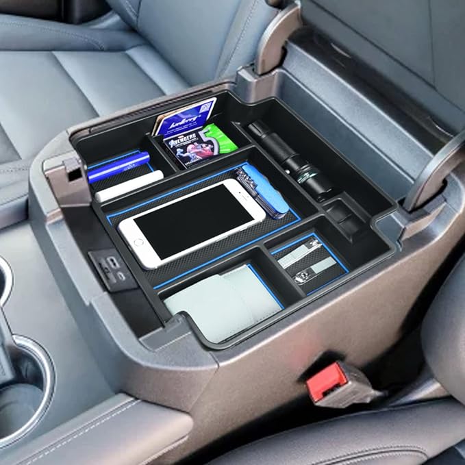 EDBETOS Center Console Organizer Tray for 2021-2025 Chevy Tahoe/Suburban and 21-2024 GMC Yukon Accessories, Fit Standard Console with Charging Socket Only, NOT for Power Sliding Console, Blue