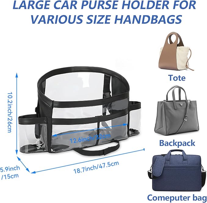 Car Purse Holder, Clear PVC Handbag Holder Between Seats Visible Seats Back Storage Organizer Transparent Car Headrest Hanging Storage Bag Automotive Console Organizer for Road Trip