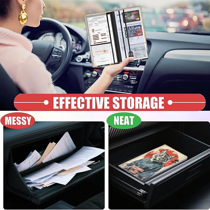 Car Registration and Insurance Card Holder for Women Men, Waterproof PU Leather Glove Box Car Organizer with Magnetic Shut, Vehicle Document Holder for Driver License,Cards, Cat Samurai Pattern
