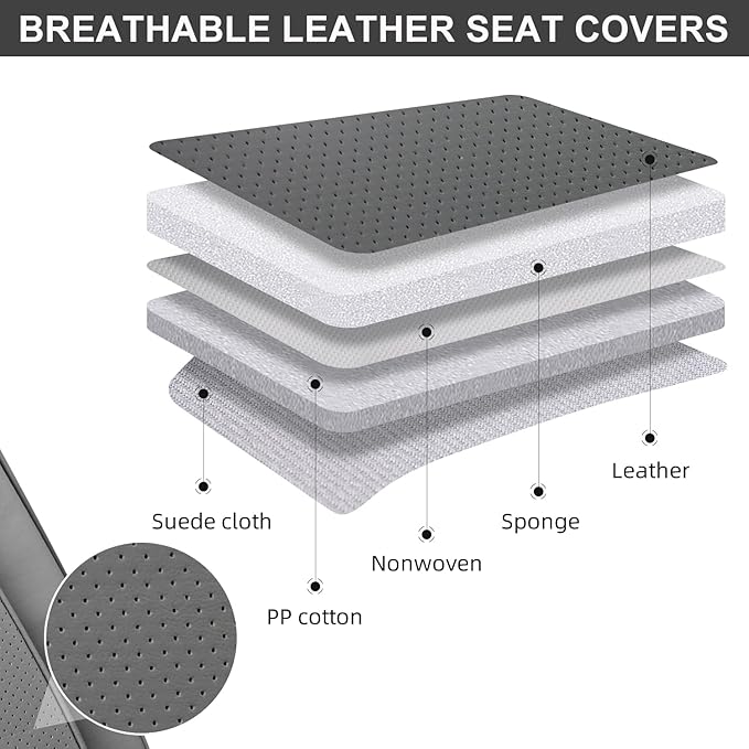 TIEHESYT Leather Car Seat Covers Full Set with Lumbar Support, Breathable and Waterproof Car Seat Cover, Universal Seat Covers for Cars, Trucks, SUVs, Sedans, Airbag Compatible, Gray