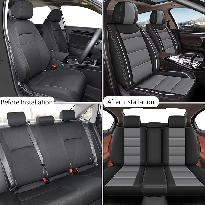 YORKNEIC Full Set Seat Covers Fit for Volkswagen VW Tiguan 2009-2025: 5 Seats Leather Car Seat Covers - Waterproof Car Seat Protector Compatible Airbag (Black & Grey)
