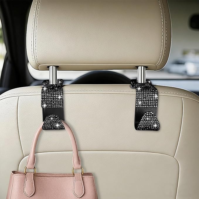 HZEL Bling Car Seat Headrest Hooks, 4PCS Crystal Rhinestone Vehicle Seat Back Hanger Holder for Purses Bag Handbags, Diamond Headrest Storage Organizer, Universal Auto Accessories (Black)
