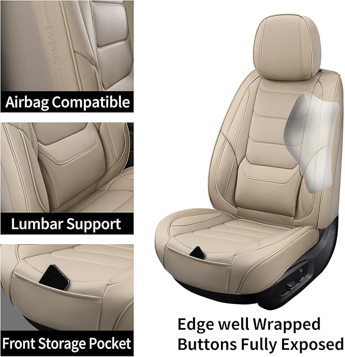 hoozoom Leather Car Seat Covers Full Set Breathable Automotive Seat Covers Waterproof Seat Protectors Universal Fit for Most Automotive Cars SUV Trucks(Beige, Full Set)