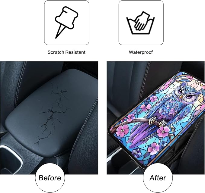 JANENFNA Car Armrest Cover Pads Universal Fashion Cute Auto Center Console Armrest Cover Pad with 2PCS Car Coasters Soft Waterproof Car Armrest Seat Protector for Women,Stained Glass Owl