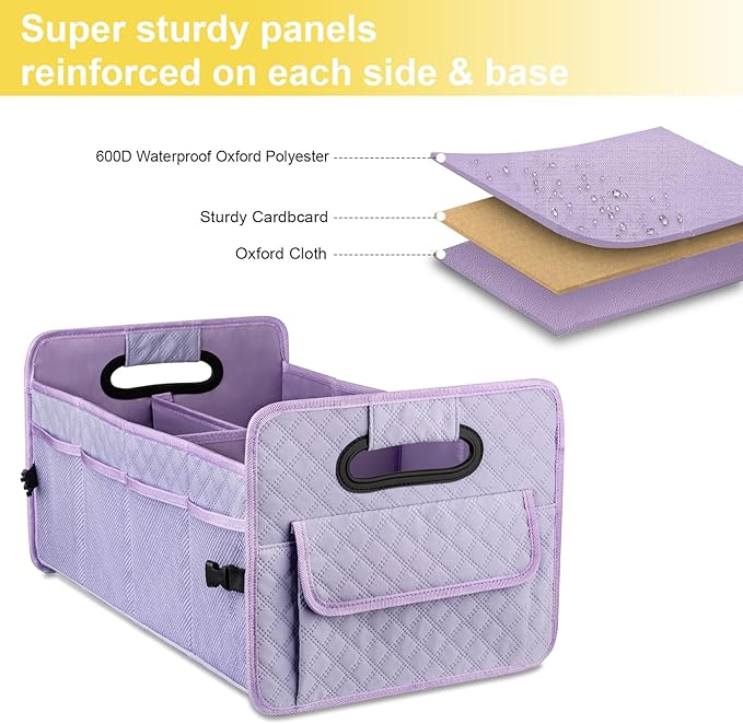 JiatuA Car Trunk Organizers and Storage for SUV, Collapsible Multi Compartment Container Box Adjustable Car Accessories for Women Men, Light Purple