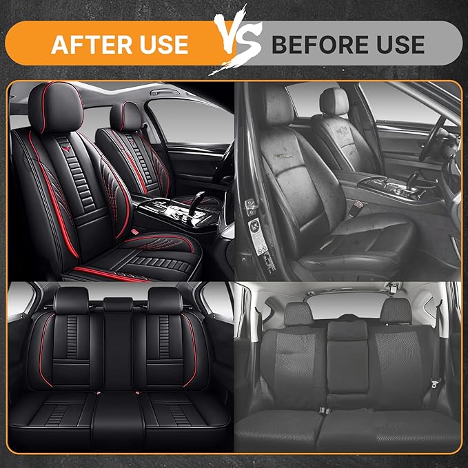 Pengchen Waterproof 5 Car Seat Covers for Honda Crosstour 2012-2015, Premium Faux Leather Automotive Front and Back Seat Protectors Compatible with Airbag Black & Red Line