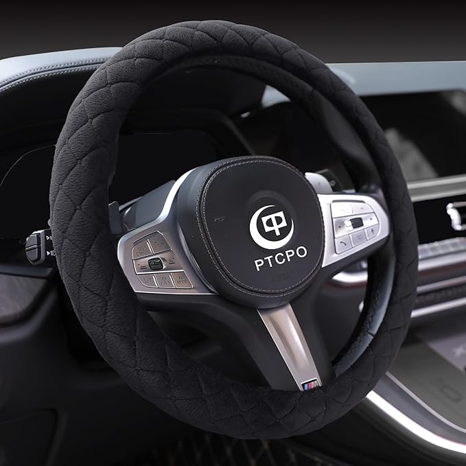 Soft Car Steering Wheel Cover for Sedan, SUV, Warm Luxury Velvet, Odorless, Universal, Anti Slip, Summer Winter, Black, Standard Size[14" 1/2-15"](37-38cm)