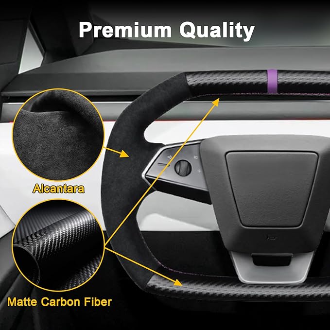 Steering Wheel Cover for Cybertruck Hand Stitching DIY Steering Wheel Cover Black with Dark Purple Center Mark (Upper Lower Carbon Fiber & Alcantara Side Grips)