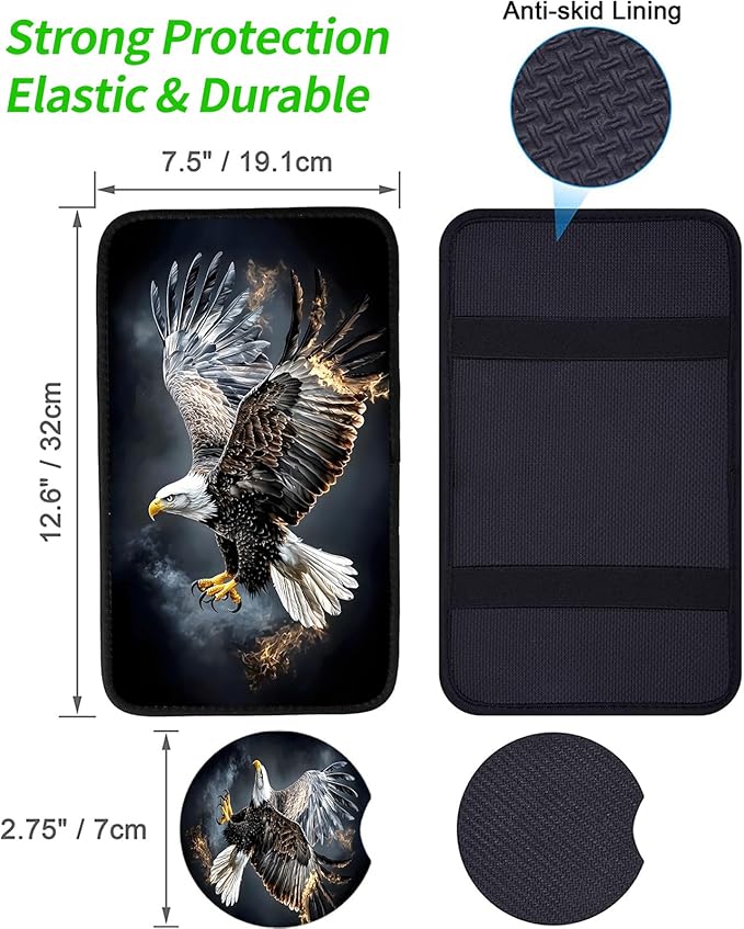 JANENFNA Car Armrest Cover Pads Universal Fashion Cute Auto Center Console Armrest Cover Pad with 2PCS Car Coasters Soft Waterproof Car Armrest Seat Protector for Women,Flaming Eagle