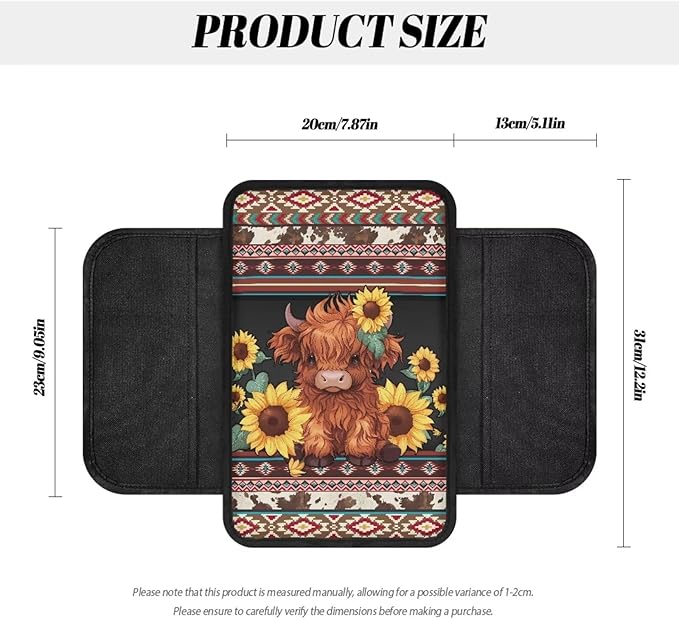 Boatee Cow Sunflower Automotive Armrests Universal Arm Rest Cover for Car Navajo Center Console Pad with 2 Storage Bags Car Console Organizer Car Interior Decor Auto Interior Protection Brown