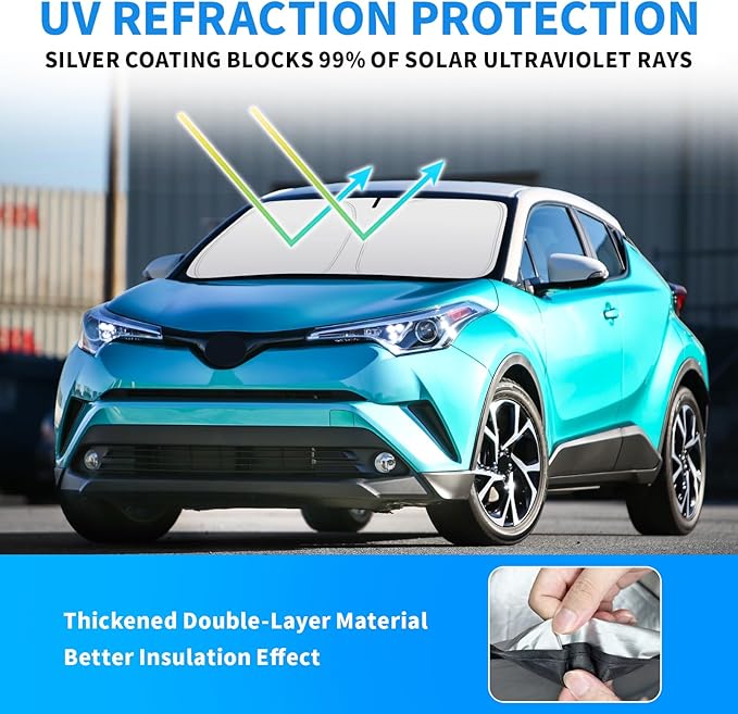 Thickened 2-Layer Front Windshield Sun Shade Compatible for Toyota CHR AX10/AX50 2016-2022, Foldable Custom Fit Sunshade Blocks 99% Heat, Keeps Car Interior Cool (for CHR AX10/AX50 2016-2022)