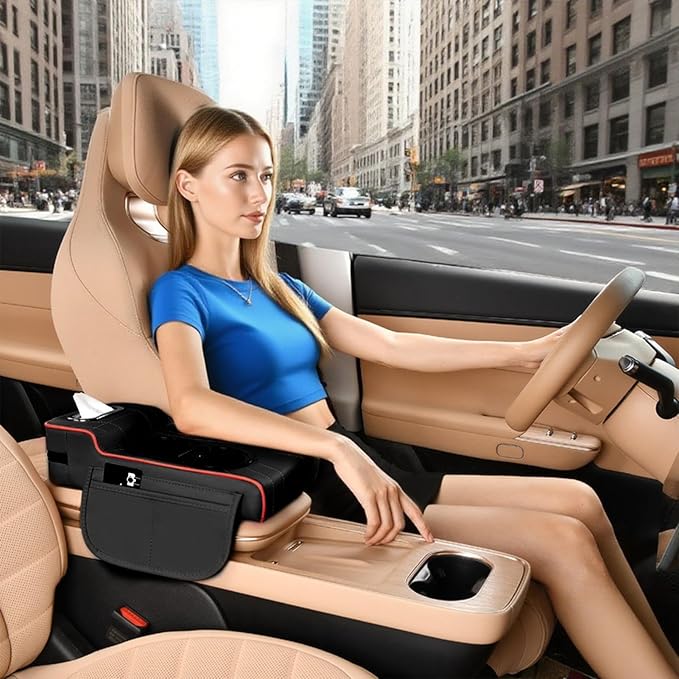 LAFANDE Car Armrest Cushion | Heightening Pad Arm Rest for Car, Center Console Cover with Storage Bags Cup Holder, Tissue Box Slot, Easy to Install and Clean