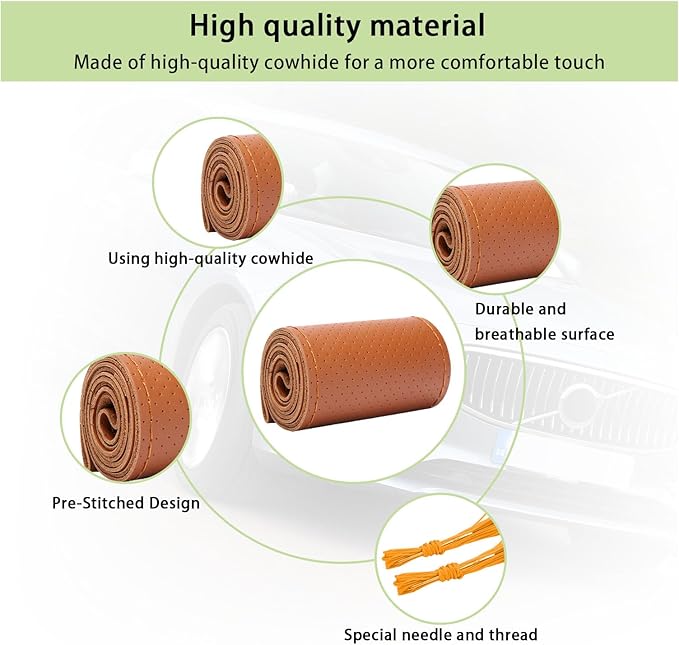 Kewucn Genuine Leather Steering Wheel Cover, 15" Universal Car Steering Wheel Protector with Needle Thread, Breathable Anti-Slip Steering Wheel Cover DIY Stitch on Wrap (Brown, Full Hole)