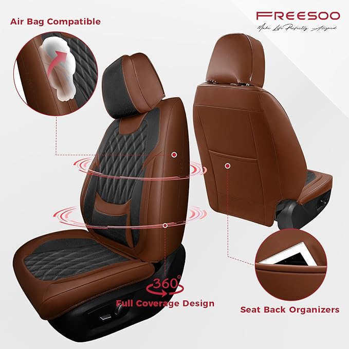 FREESOO Black Brown Car Seat Covers Full Set - Faux Nappa Leather Seat Covers for Cars, Breathable Waterproof Front Seats Protector with Lumbar Support, Universal Fit for Automotive Sedan SUVs Pickups