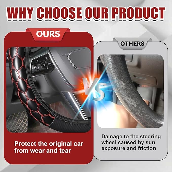 Car Steering Wheel Cover, 15 inch Elastic PU Leather Non-Slip Vehicle Steering Wheel Protector, Breathable Automotive Interior Accessories, Universal for SUV, Truck, RV (Red)