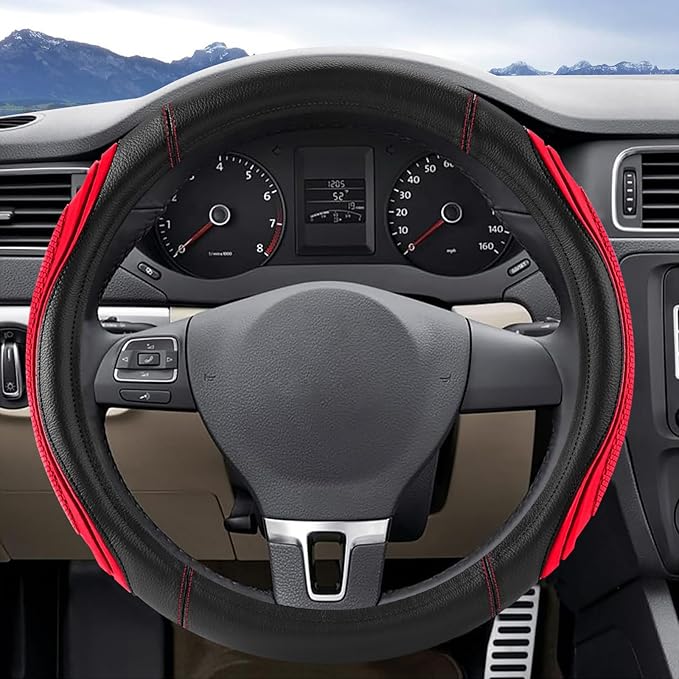 Red Film Splicing Leather Steering Wheel Cover, Microfiber Leather, Anti-Slip, Breathable, Universal Fit for 14.5–15 in Steering Wheel Cover for Men Women