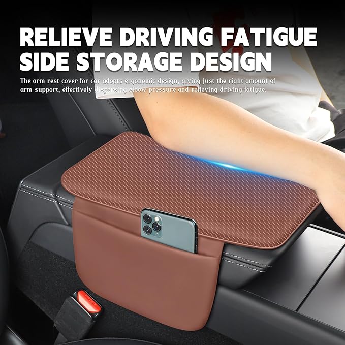 Car Armrest Cover Pad - Nappa Leather Car Center Console Cover with Breathable Holes, Non-Slip Auto Arm Rest Cushion, Universal Car Interior Accessories Fit forTesla Model Y Most Cars (Dark Brown)