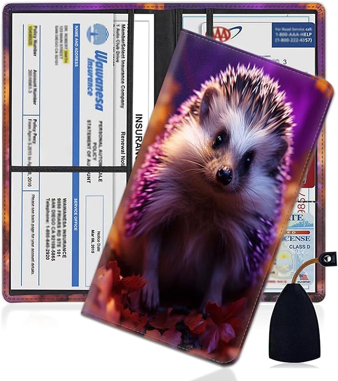 Yuxcfhjfe Car Registration and Insurance Holder, PU Leather Auto Document Holder for Men&Women, Vehicle Glove Box Compartment Organizer with Magnetic Shut for Driver's License, Spiny Hedgehog Pattern